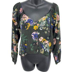 RVCA Black Women Top Blouse Small 8 Floral Sweetheart Cartia Long Sleeve New